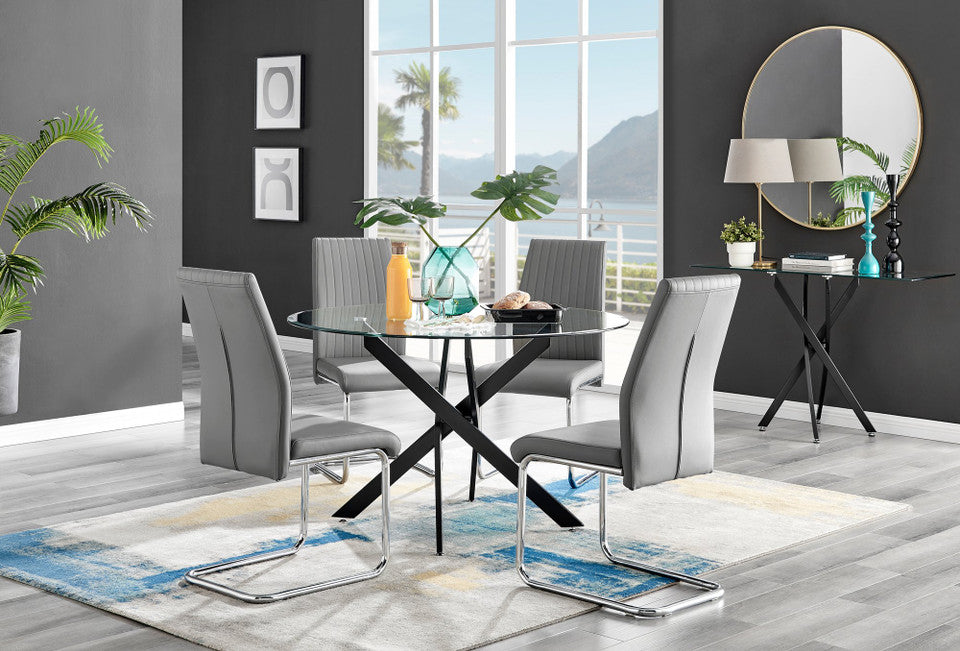 Novara Black Leg 120cm Round Glass Dining Table & 4 Lorenzo Chairs