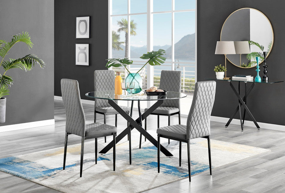 Novara Black Leg 120cm Round Glass Dining Table & 4 Milan Black Leg Chairs