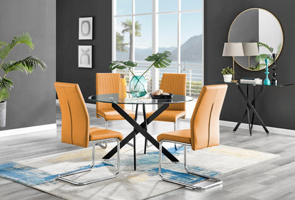 Novara Black Leg 120cm Round Glass Dining Table & 4 Lorenzo Chairs