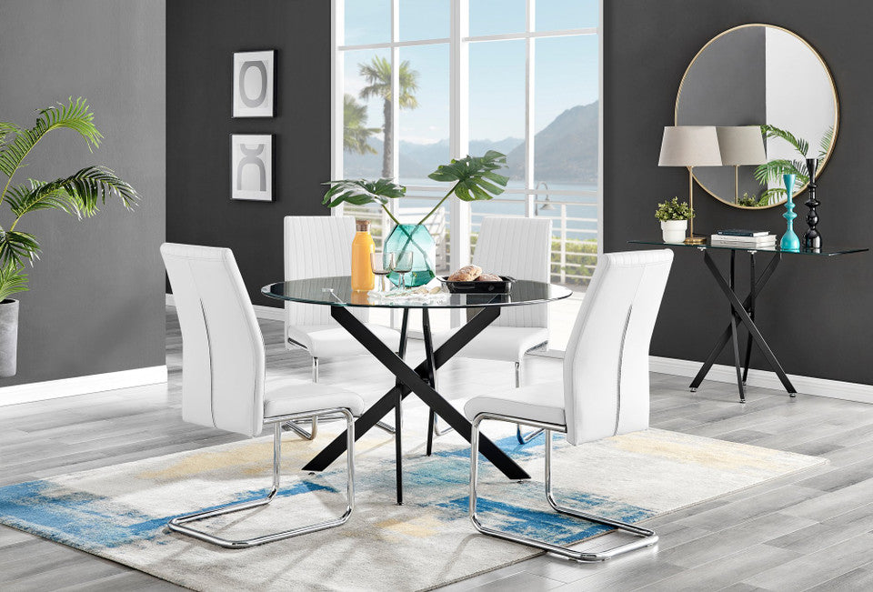 Novara Black Leg 120cm Round Glass Dining Table & 4 Lorenzo Chairs