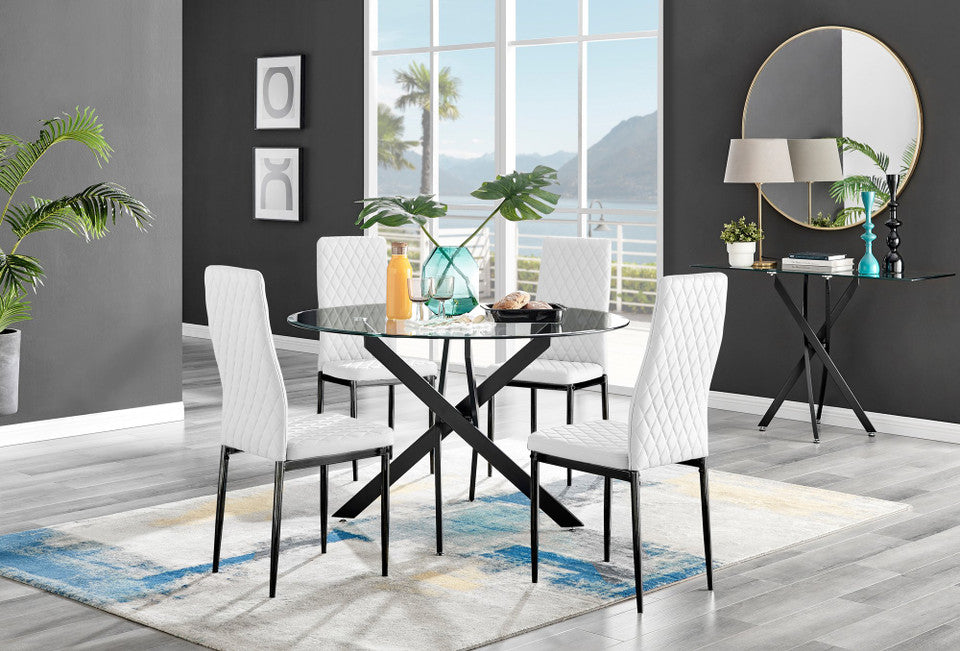 Novara Black Leg 120cm Round Glass Dining Table & 4 Milan Black Leg Chairs