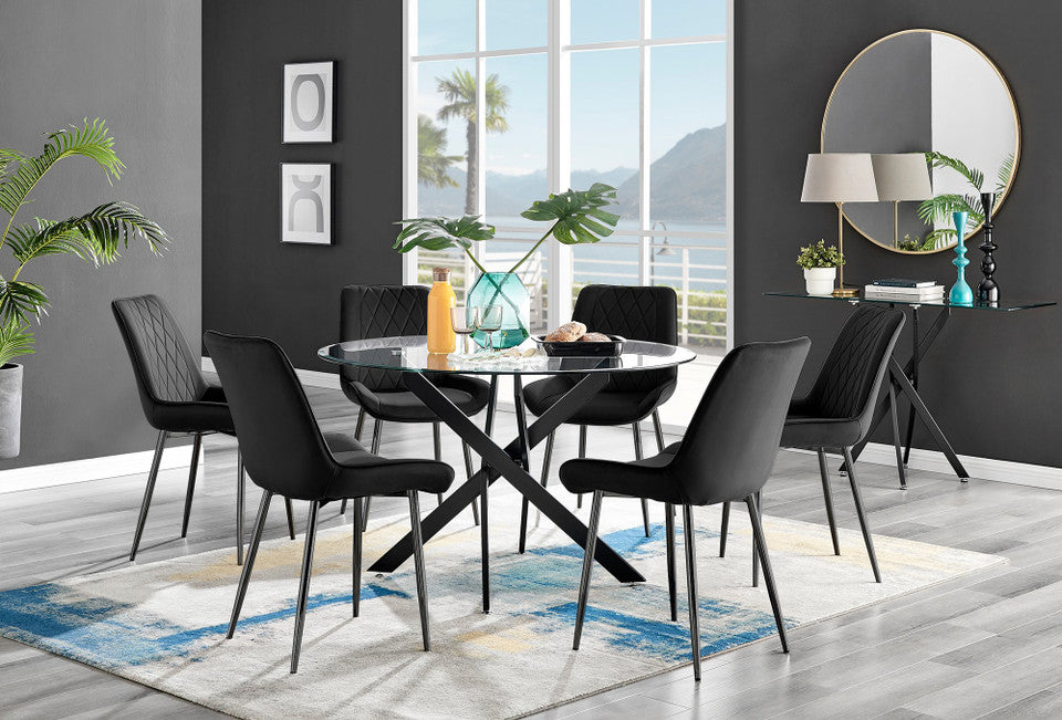 Novara Black Leg 120cm Round Glass Dining Table & 6 Pesaro Black Leg Chairs