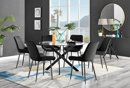 Novara Black Leg 120cm Round Glass Dining Table & 6 Pesaro Black Leg Chairs