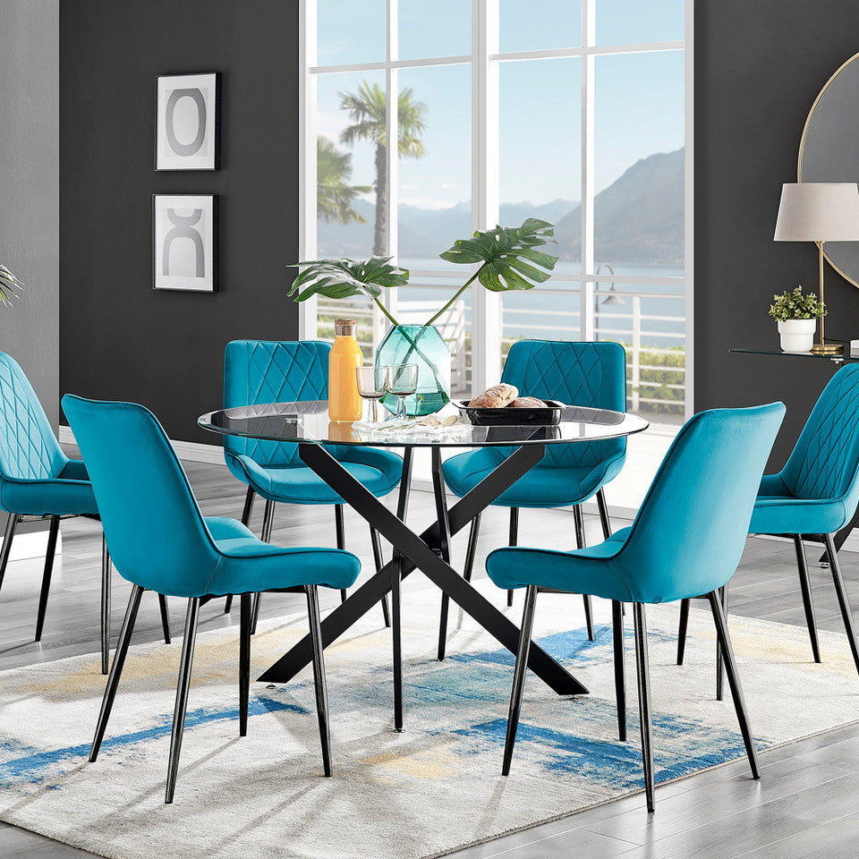 Novara Black Leg 120cm Round Glass Dining Table & 6 Pesaro Black Leg Chairs