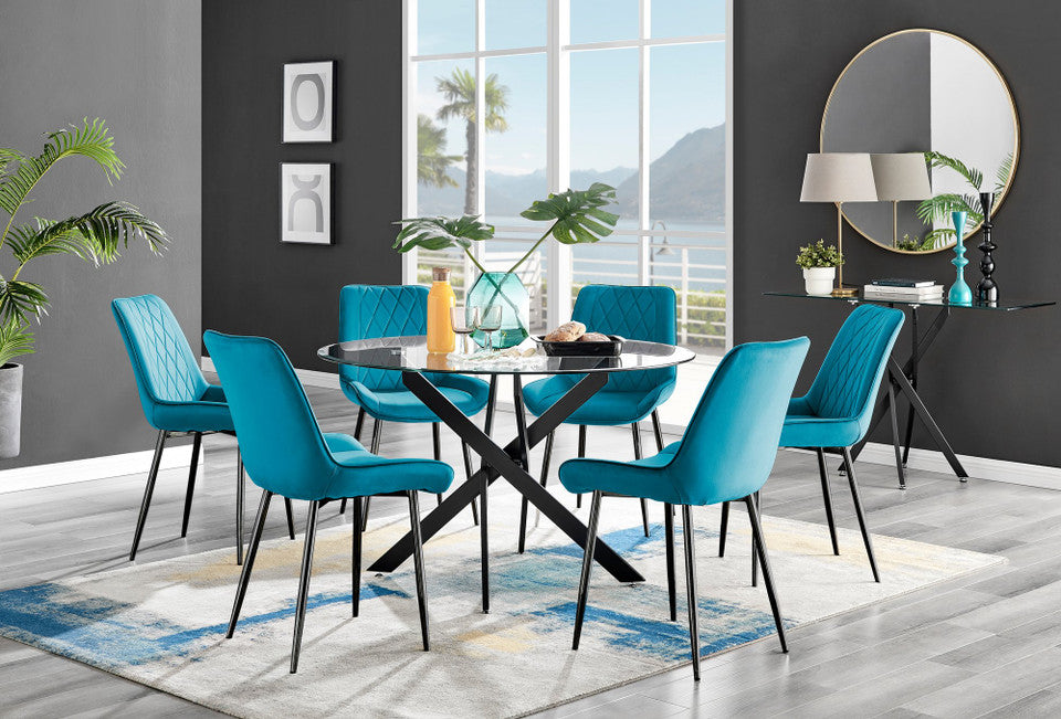 Novara Black Leg 120cm Round Glass Dining Table & 6 Pesaro Black Leg Chairs