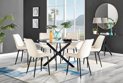 Novara Black Leg 120cm Round Glass Dining Table & 6 Pesaro Black Leg Chairs