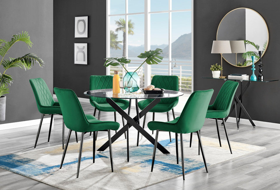 Novara Black Leg 120cm Round Glass Dining Table & 6 Pesaro Black Leg Chairs
