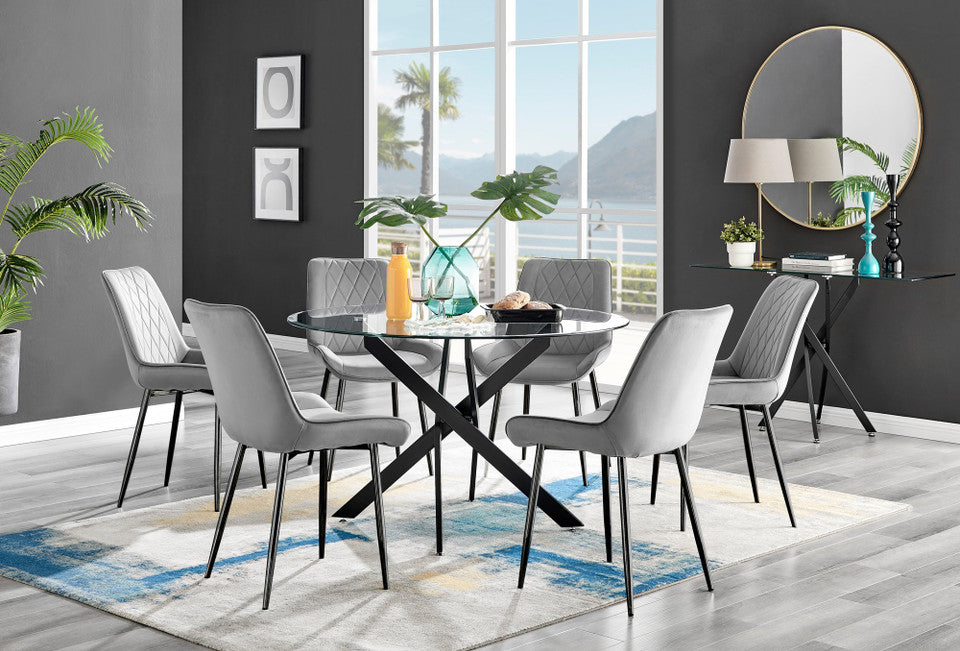 Novara Black Leg 120cm Round Glass Dining Table & 6 Pesaro Black Leg Chairs