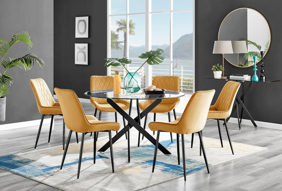 Novara Black Leg 120cm Round Glass Dining Table & 6 Pesaro Black Leg Chairs