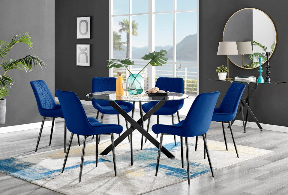 Novara Black Leg 120cm Round Glass Dining Table & 6 Pesaro Black Leg Chairs