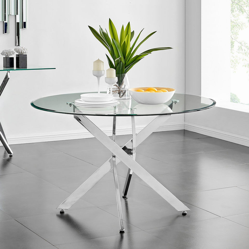 Novara Round Glass and Silver Metal 6 Seater Dining Table