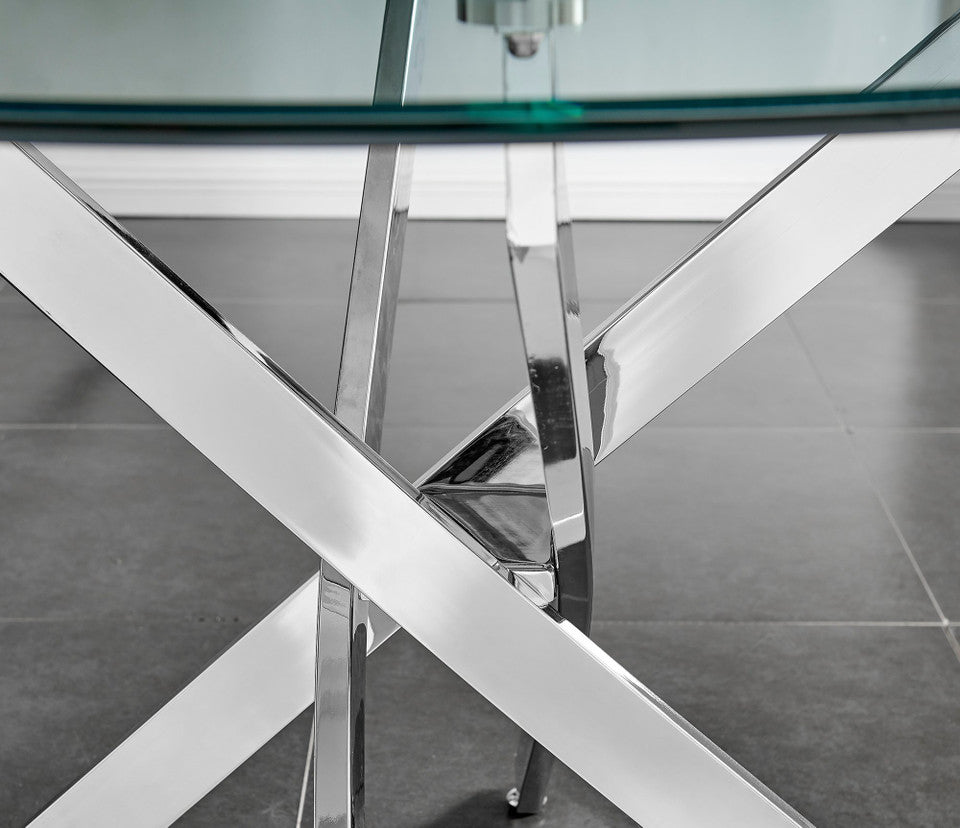 Novara Chrome Metal And Glass Large 120cm Round Dining Table And 4 Willow Chairs Set