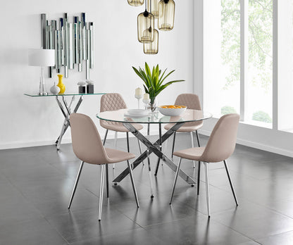 Novara Chrome Metal And Glass Large 120cm Round Dining Table And 4 Corona Silver Chairs Set