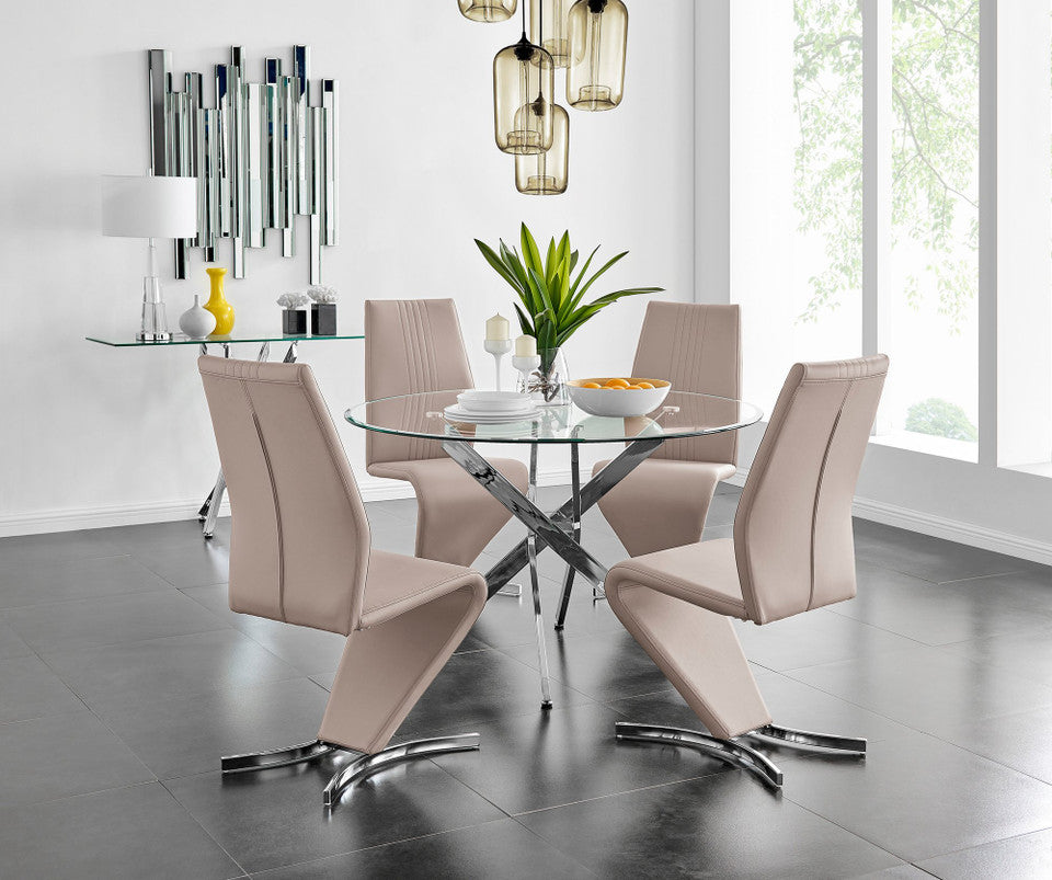 Novara Chrome Metal And Glass Large 120cm Round Dining Table And 4 Willow Chairs Set