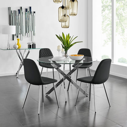 Novara Chrome Metal And Glass Large 120cm Round Dining Table And 4 Corona Silver Chairs Set