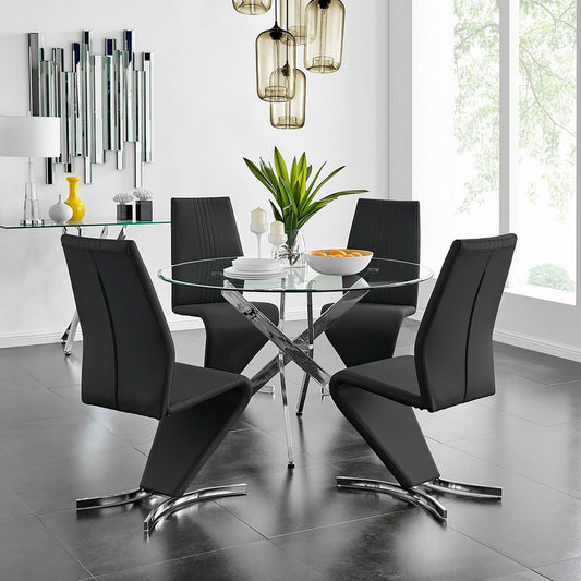 Novara Chrome Metal And Glass Large 120cm Round Dining Table And 4 Willow Chairs Set