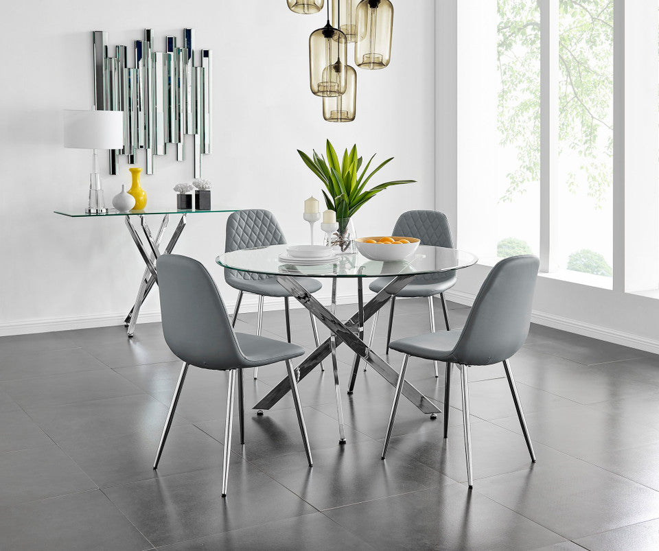Novara Chrome Metal And Glass Large 120cm Round Dining Table And 4 Corona Silver Chairs Set