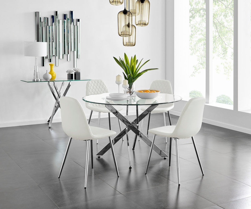 Novara Chrome Metal And Glass Large 120cm Round Dining Table And 4 Corona Silver Chairs Set