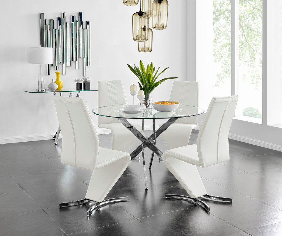 Novara Chrome Metal And Glass Large 120cm Round Dining Table And 4 Willow Chairs Set