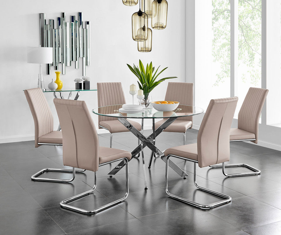 Novara Chrome Metal And Glass Large 120cm Round Dining Table And 6 Lorenzo Chairs Set