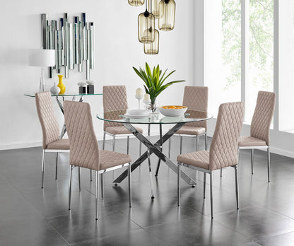 Novara Chrome Metal And Glass Large 120cm Round Dining Table And 6 Milan Chairs Set