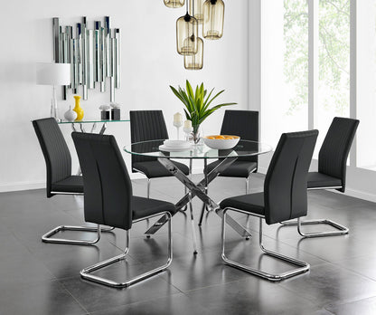 Novara Chrome Metal And Glass Large 120cm Round Dining Table And 6 Lorenzo Chairs Set
