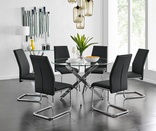 Novara Chrome Metal And Glass Large 120cm Round Dining Table And 6 Lorenzo Chairs Set