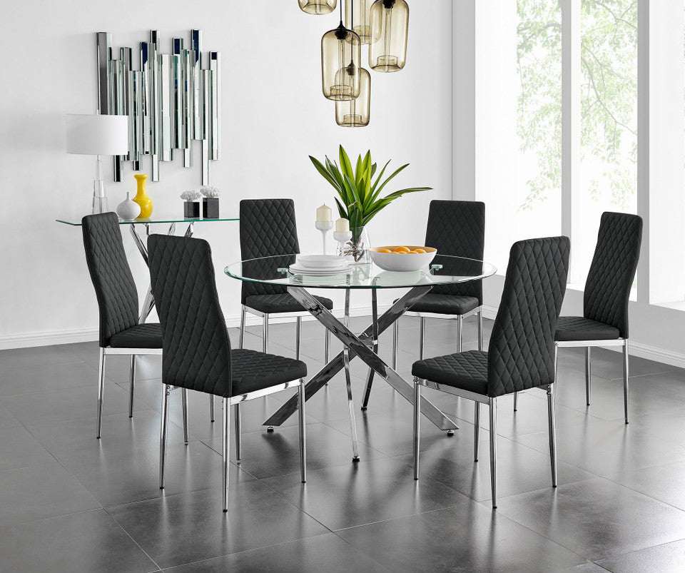 Novara Chrome Metal And Glass Large 120cm Round Dining Table And 6 Milan Chairs Set