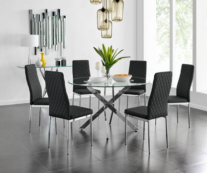 Novara Chrome Metal And Glass Large 120cm Round Dining Table And 6 Milan Chairs Set