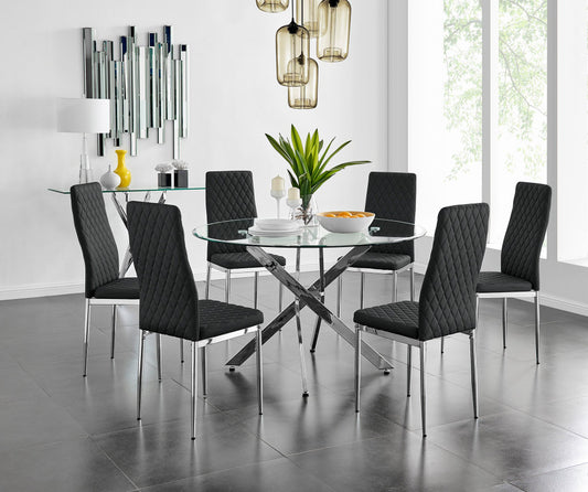 Novara Chrome Metal And Glass Large 120cm Round Dining Table And 6 Milan Chairs Set