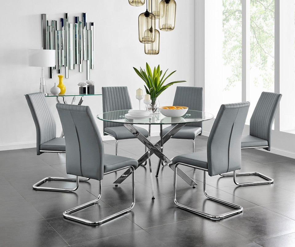 Novara Chrome Metal And Glass Large 120cm Round Dining Table And 6 Lorenzo Chairs Set