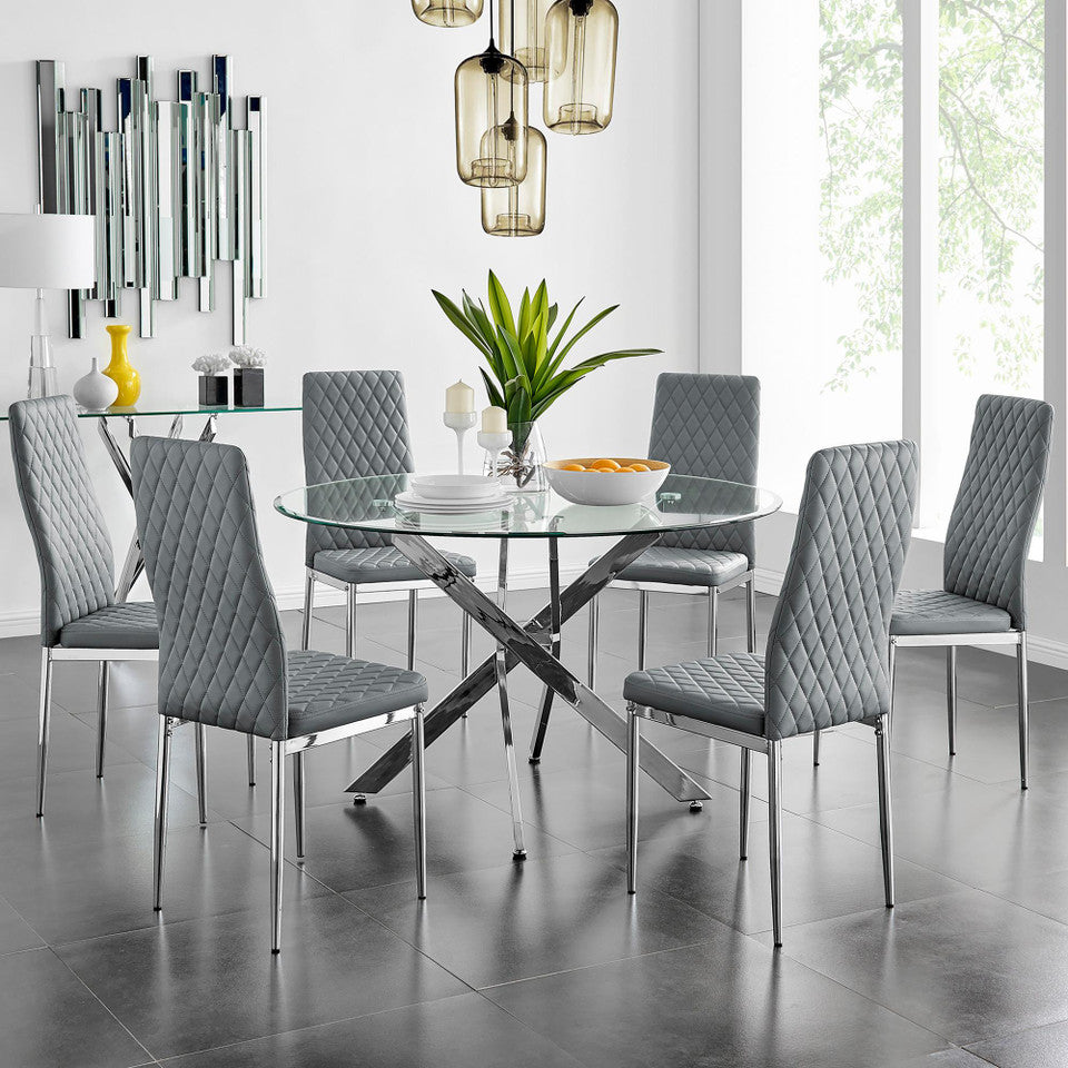 Novara Chrome Metal And Glass Large 120cm Round Dining Table And 6 Milan Chairs Set