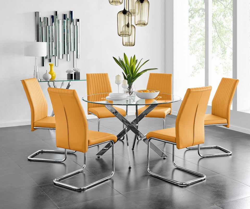 Novara Chrome Metal And Glass Large 120cm Round Dining Table And 6 Lorenzo Chairs Set