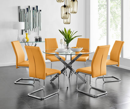 Novara Chrome Metal And Glass Large 120cm Round Dining Table And 6 Lorenzo Chairs Set