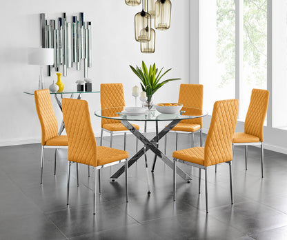 Novara Chrome Metal And Glass Large 120cm Round Dining Table And 6 Milan Chairs Set