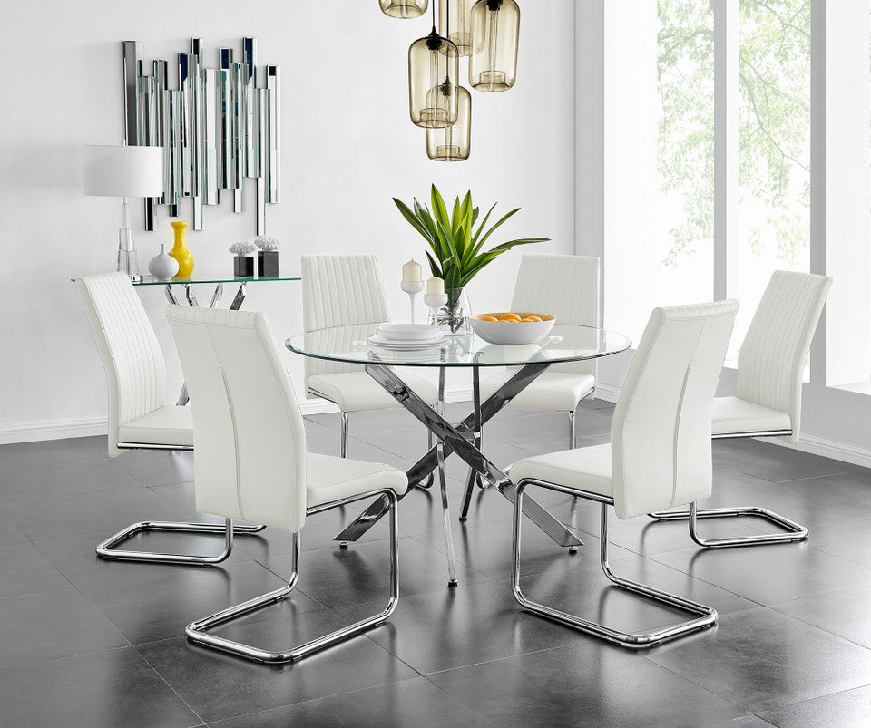 Novara Chrome Metal And Glass Large 120cm Round Dining Table And 6 Lorenzo Chairs Set