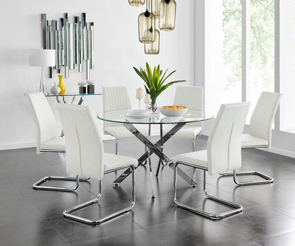 Novara Chrome Metal And Glass Large 120cm Round Dining Table And 6 Lorenzo Chairs Set