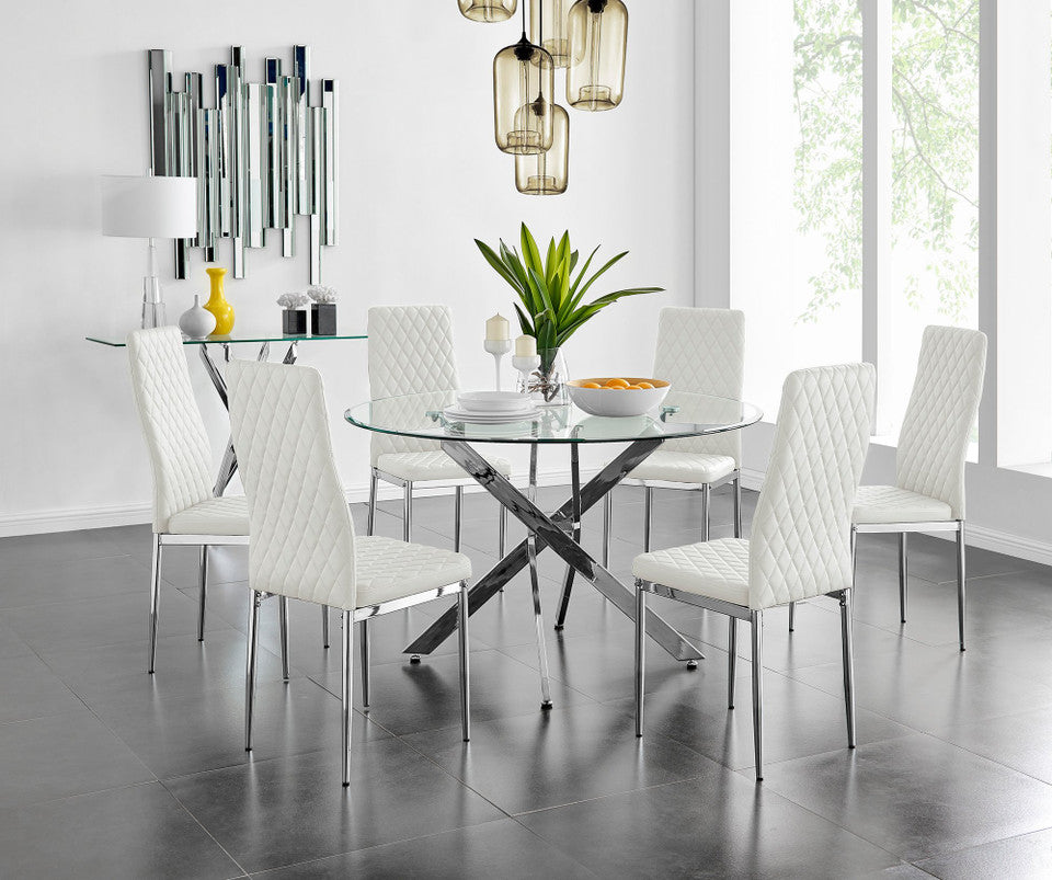 Novara Chrome Metal And Glass Large 120cm Round Dining Table And 6 Milan Chairs Set
