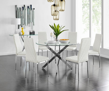 Novara Chrome Metal And Glass Large 120cm Round Dining Table And 6 Milan Chairs Set