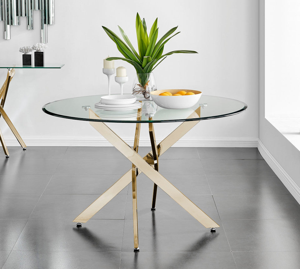 Novara Round Glass and Silver Metal 6 Seater Dining Table