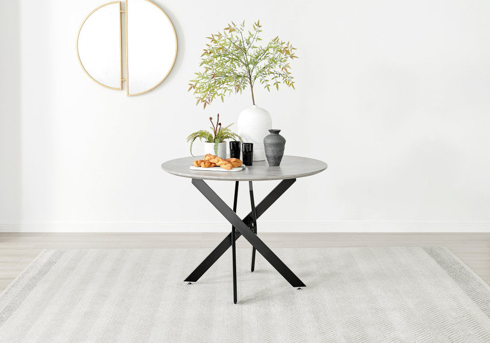 Novara Grey Concrete Effect Black Leg Round Dining Table & 4 Velvet Milan Black Leg Chairs