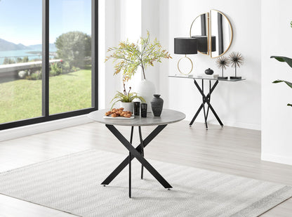 Novara Grey Concrete Effect Black Leg Round Dining Table & 4 Pesaro Black Leg Chairs