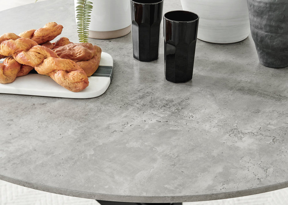 Novara Grey Concrete Effect Black Leg Round Dining Table & 4 Velvet Milan Black Leg Chairs