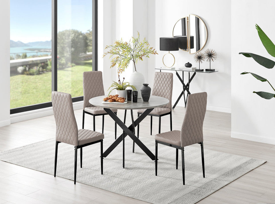 Novara Grey Concrete Effect Black Leg Round Dining Table & 4 Milan Black Leg Chairs