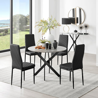 Novara Grey Concrete Effect Black Leg Round Dining Table & 4 Velvet Milan Black Leg Chairs