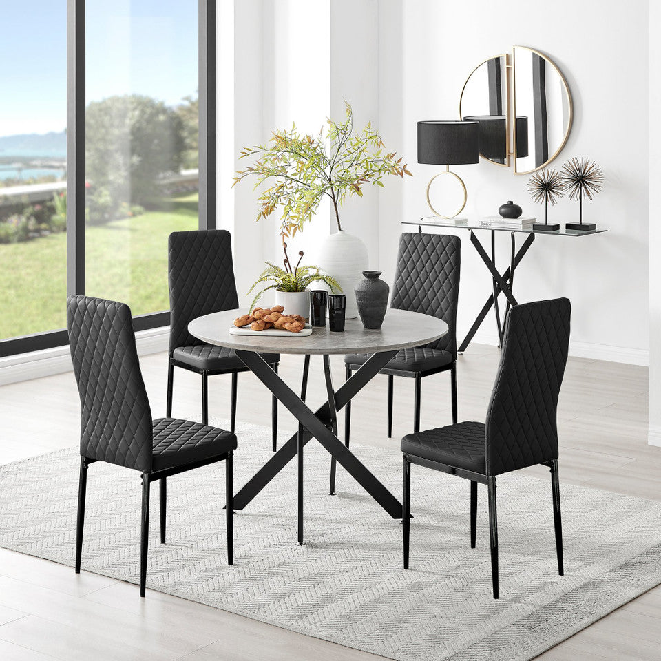 Novara Grey Concrete Effect Black Leg Round Dining Table & 4 Milan Black Leg Chairs