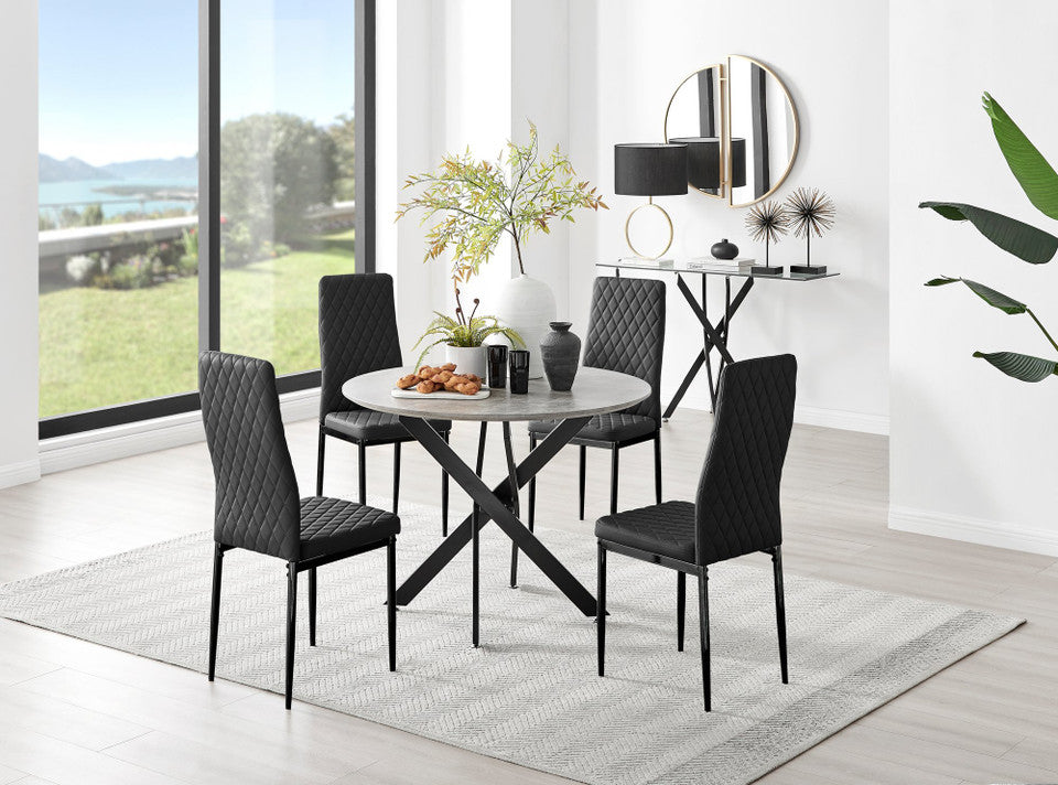 Novara Grey Concrete Effect Black Leg Round Dining Table & 4 Milan Black Leg Chairs