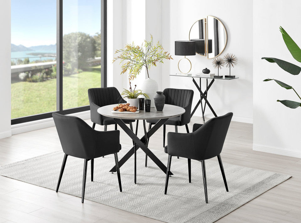 Novara Grey Concrete Effect Black Leg Round Dining Table & 4 Calla Black Leg Chairs