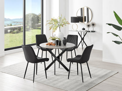 Novara Grey Concrete Effect Black Leg Round Dining Table & 4 Pesaro Black Leg Chairs