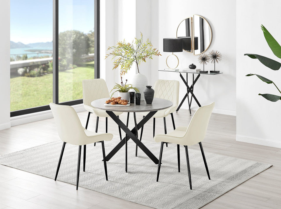 Novara Grey Concrete Effect Black Leg Round Dining Table & 4 Pesaro Black Leg Chairs